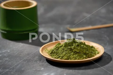 Organic Green Matcha Tea on wooden table, copyspace Stock Photos