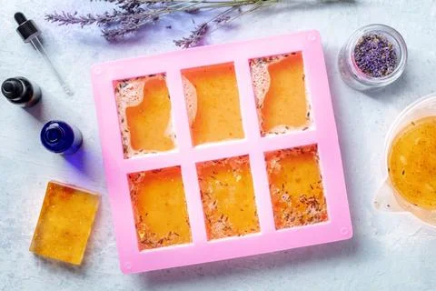 Organic handmade soap, the process of making, overhead flat lay shot Organ... Stock Photos