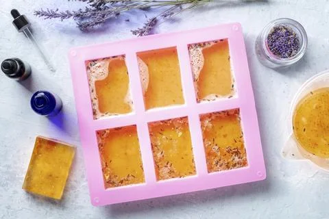 Organic handmade soap, the process of making, overhead flat lay shot. Liquid Stockfoto's