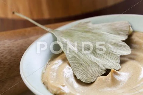 Organic herbal cream mask with ginkgo leaf Stock Photos