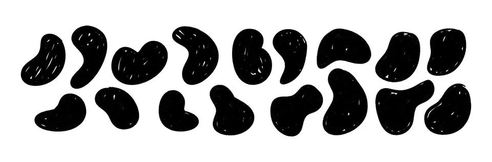 Organic irregular blobs with fluid splat shapes. Random abstract stains in round Stock Illustration