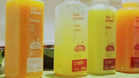 Organic juices on the shelf Stock Footage 101743530