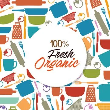 Organic label with kitchen utensils pattern background Stock Illustration