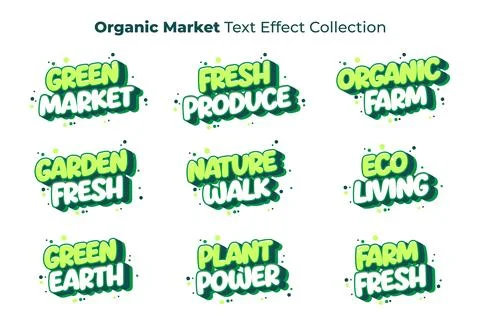 Organic Market Text Effect Collection with Bright Green Cartoon Typography Illustrazione stock