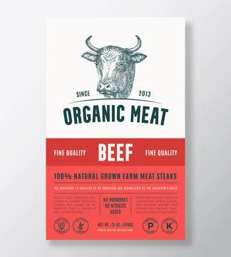 Organic Meat Abstract Vector Packaging Design or Label Template. Farm Grown Beef Stock Illustration