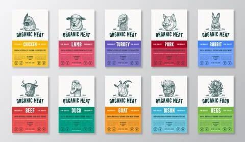 Organic Meat, Poultry, Vegetables Vector Packaging Design or Label Templates Set Stock Illustration