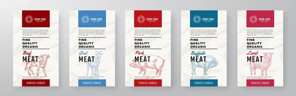 Organic Meat Vector Packaging Design Textured Label Templates Set. Beef, Pork Stock Illustration
