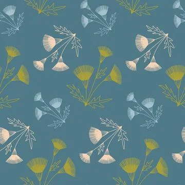 Organic pattern delicate flower with leaf on blue gray seamless pattern, text Stock Illustration