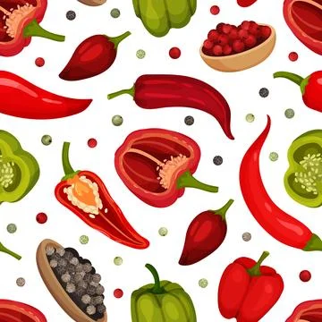 Organic Pepper Seamless Pattern Design with Savory Vegetable and Condiment Stock Illustration