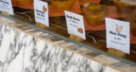 Organic pies on display Stock Footage 88908104