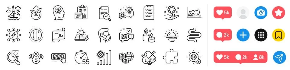 Organic product, Qr code and Windmill line icons pack. For web app. Social media Stock Illustration