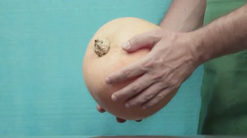 Organic pumpkin in the hands of the chef. Hands rotate, check the ripe fruit. Видео 137465551