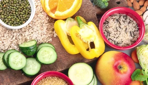 Organic raw healthy products, view from above Stock Footage 166380898