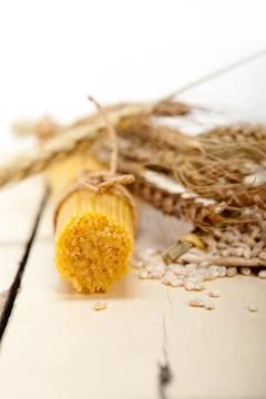 Organic Raw italian pasta and durum wheat Stock Photos