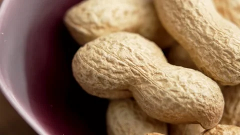 Organic roasted unshelled peanuts in red bowl Stock Footage 312234703