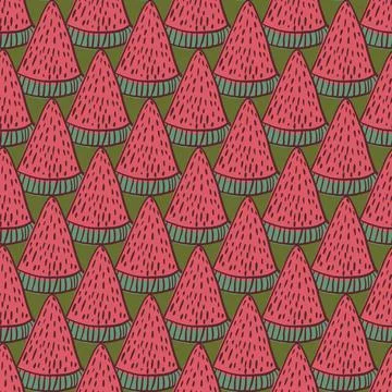 Organic seamless doodle pattern with watermelon berries shapes. Green backgro Illustrazione stock