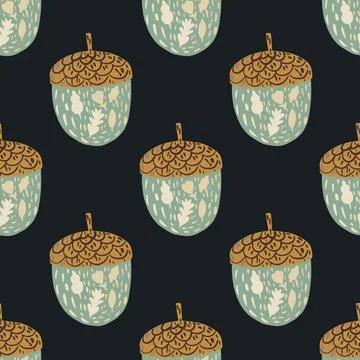 Organic seamless nature pattern with pale blue and brown acorn elements. Blac Stock Illustration