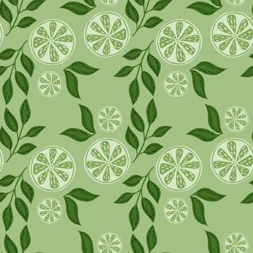 Organic seamless pattern with decorative lemon slices print. Pastel green col Stock Illustration