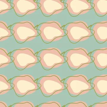 Organic seamless pattern with doodle pink abstract apple shapes. Blue backgro 库存插图