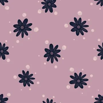 Organic seamless pattern with navy blue flowers doodle print. Lilac backgroun Stock Illustration