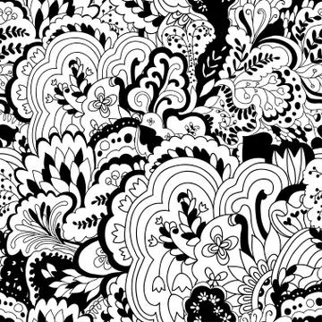 Organic seamless pattern with original black and white plant elements. Floral Stock Illustration