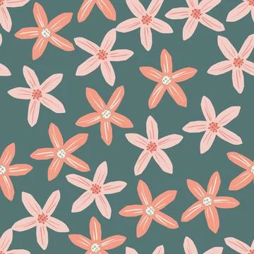 Organic seamless pattern with pink flowers mandarin elements. Navy blue pale  Illustrazione stock