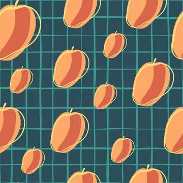 Organic seamless pattern with random orange peach elements. Blue chequered ba イラスト素材