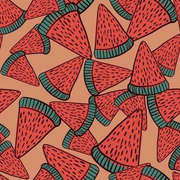 Organic seamless pattern with random red watermelon clise elements. Pink back Stockillustratie