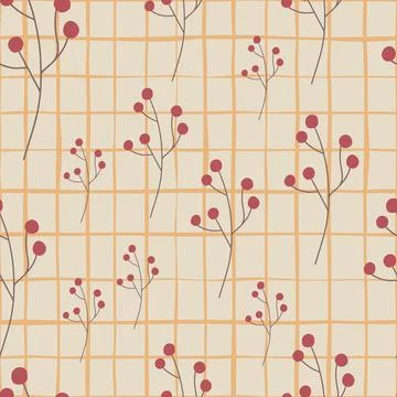 Organic seamless pattern with random simple berries silhouettes. Grey chequer Illustrazione stock