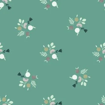 Organic seamless pattern with simple doodle apples and leaves elements. Blue  Illustrazione stock