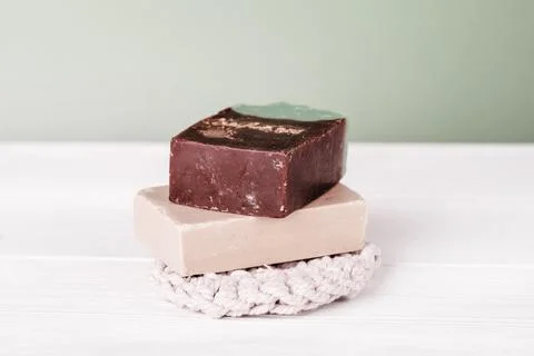 Organic solid soap bars with coffee and oats bran. natural skin peeling routi Stock Photos