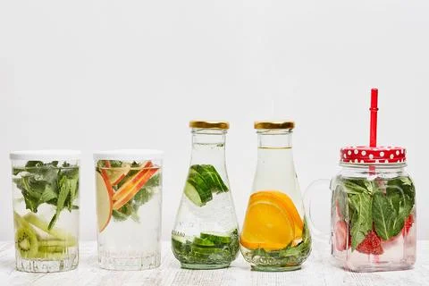 Organic summer cold refreshing drinks - detox infused water Stock Photos
