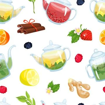Organic tea seamless pattern. Herbal healthy drink background, wallpaper, cover 스톡 일러스트