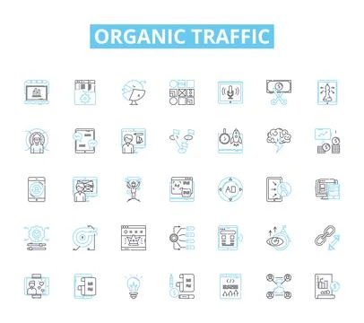 Organic traffic linear icons set. Ranking, SERP, Optimization, Clicks, Keywords Stock Illustration