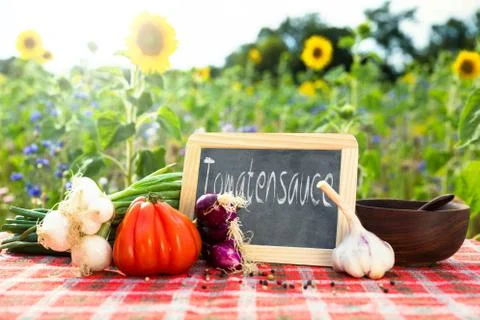 Organic vegetables on a table with german text Foto stock