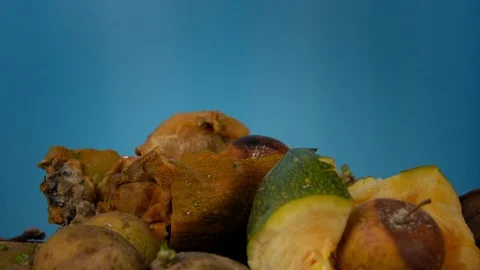 Organic waste decomposes in the compost, the remains rotate on a blue background Stock Footage 128571005