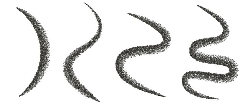 Organic wavy lines dotwork gradient shapes set. Irregular dynamic halftone Stock Illustration