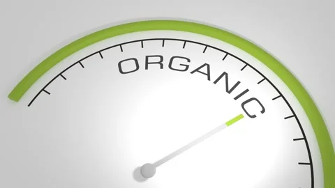 Organic word with measuring device with arrow and scale. Green grass. 3D render Stock Footage 257173931