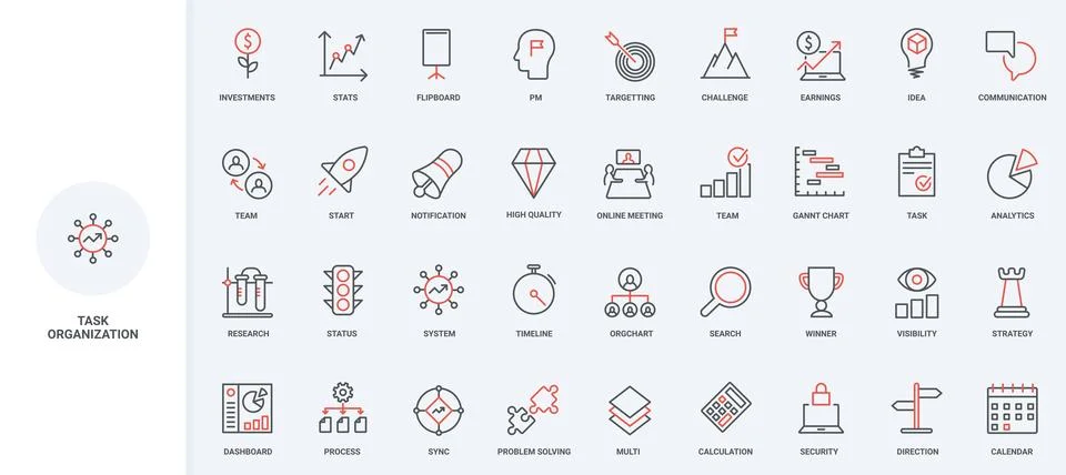 Organization of business task, research process and problem solving line icon Stock Illustration