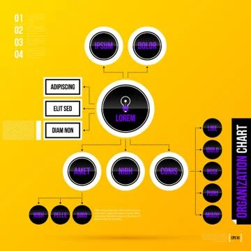 Organization chart template with round elements on bright yellow background. 스톡 일러스트