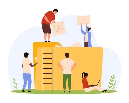 Organization, management and data storage, tiny people put paper letters in 스톡 일러스트