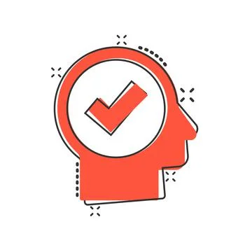 Organization management icon in comic style. People with check mark cartoon v Stock Illustration