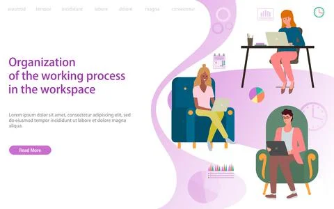 Organization of working process at workplace web page. Global outsourcing Illustrazione stock