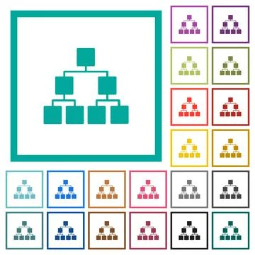 Organizational chart down solid flat color icons with quadrant frames Stock Illustration