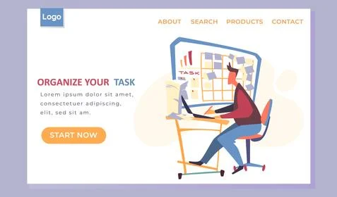 Organize your task landing page template, man with laptop near board with paper Stock Illustration