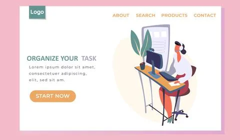 Organize your task landing page template, woman sitting at a table with laptop 스톡 일러스트