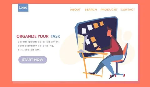 Organize your task landing page template, businessman sitting at a table with 스톡 일러스트