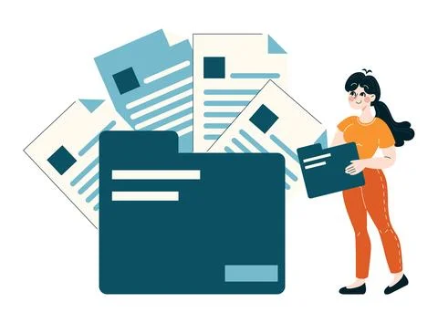 Organized administrator manages extensive documentation Illustrazione stock