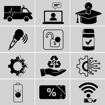 An organized compilation of diverse vector icons in black silhouette style, i Stock Illustration