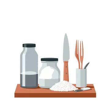 Organized Culinary Harmony: Kitchen Utensils on Wooden Shelf Vector Illustration Illustrazione stock